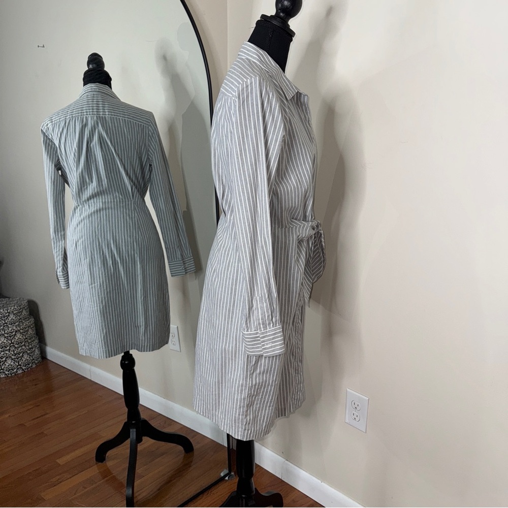 Calvin Klein Gray and White Striped Tie-Waist Shirt Dress - Picture 2 of 6